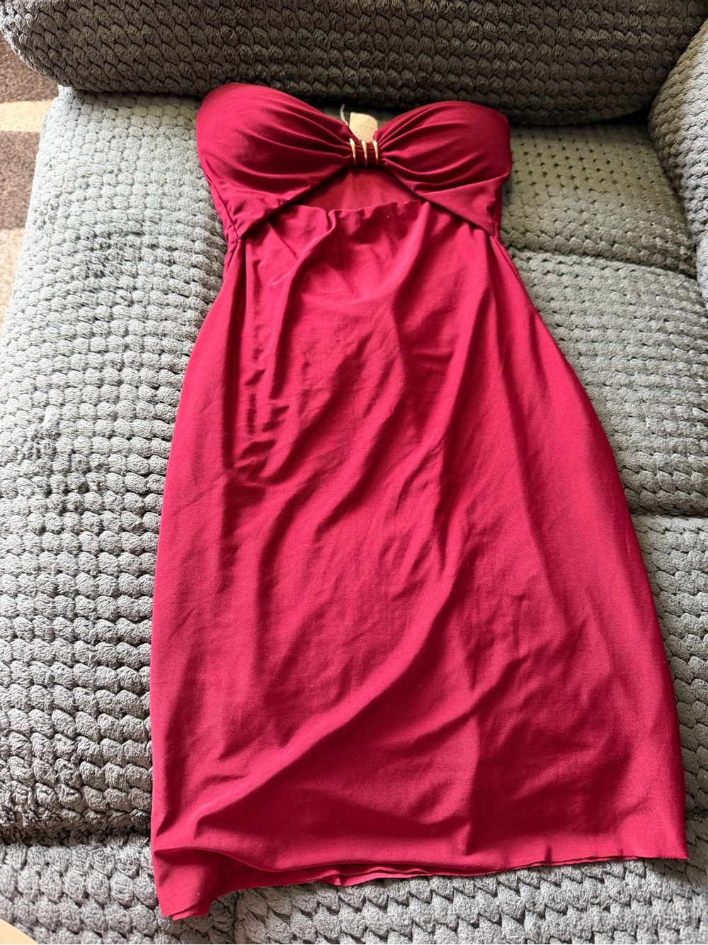 Windsor Strapless Red Midi Dress with Gold Ring Detail